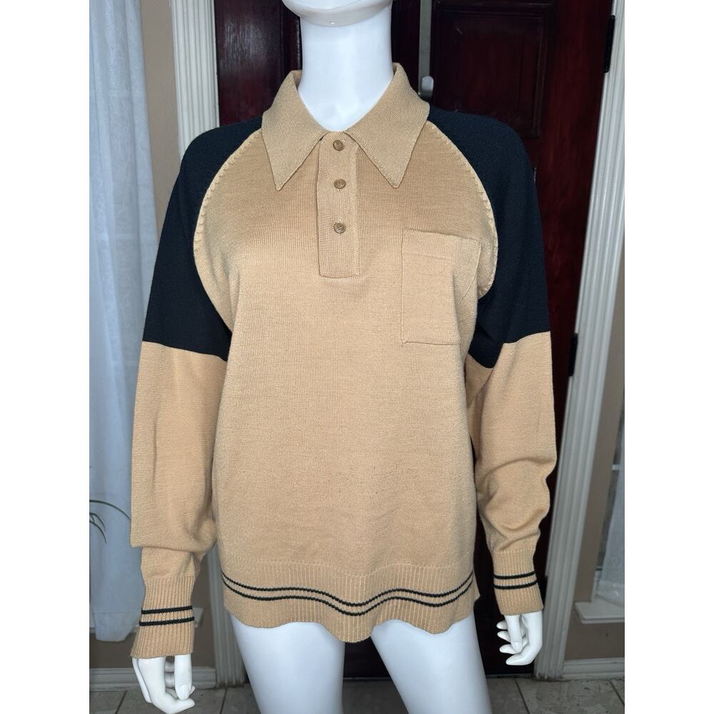 Vintage 60s Don Loper Beverly Hills Mens Knit Polo Sweater Black Tan Raglan L